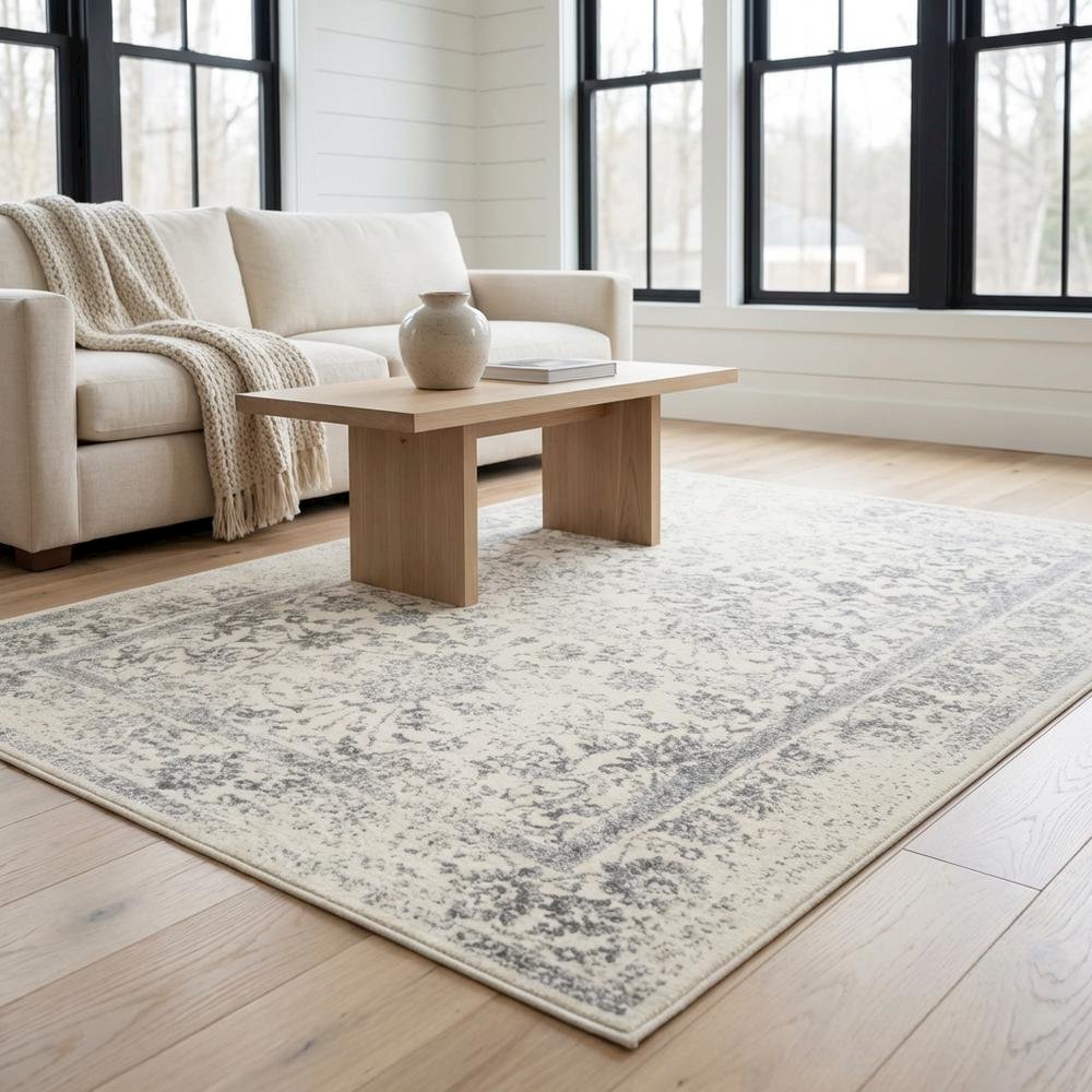 Ivory and Silver Area Rug with Power Loomed Design and Plush Polypropylene Pile