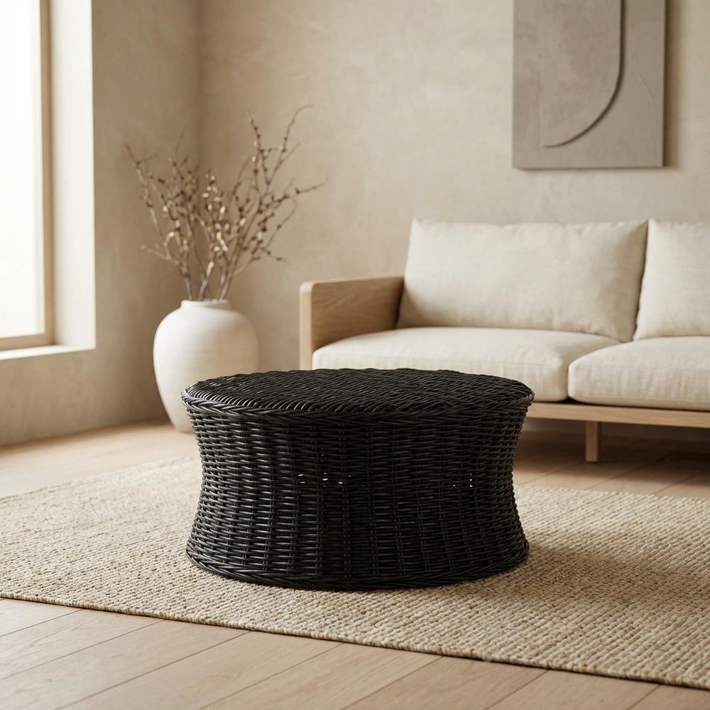 Black Rattan Round Coffee Table Ottoman with Mango Wood Top