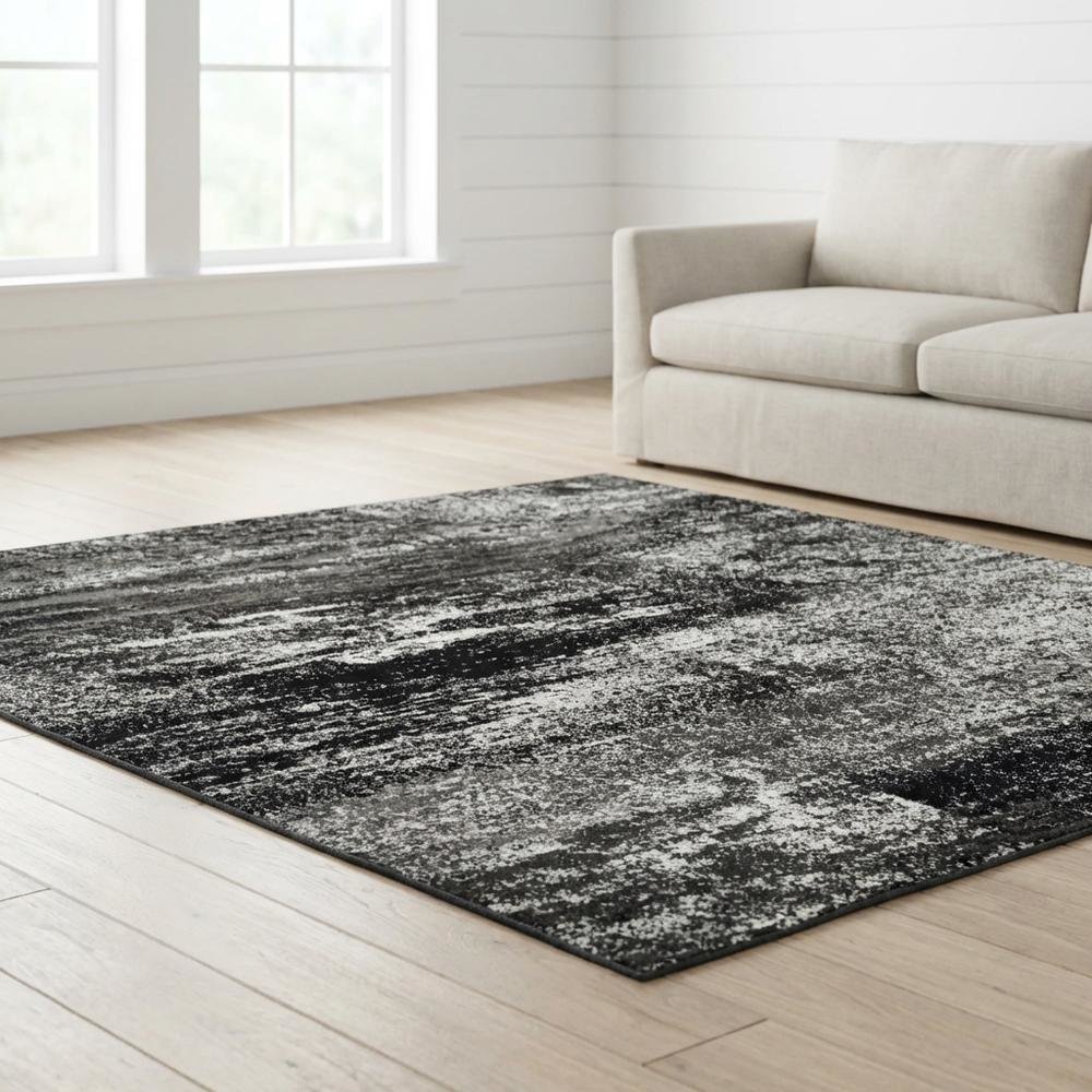 Silver / Black Area Rug with Power Loomed Polypropylene Pile, Square Shape
