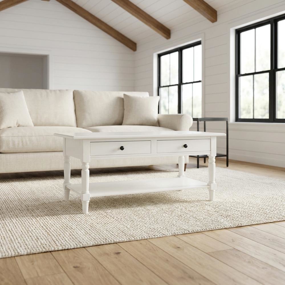 White Pine Coffee Table with 2 Drawers and Storage Shelf