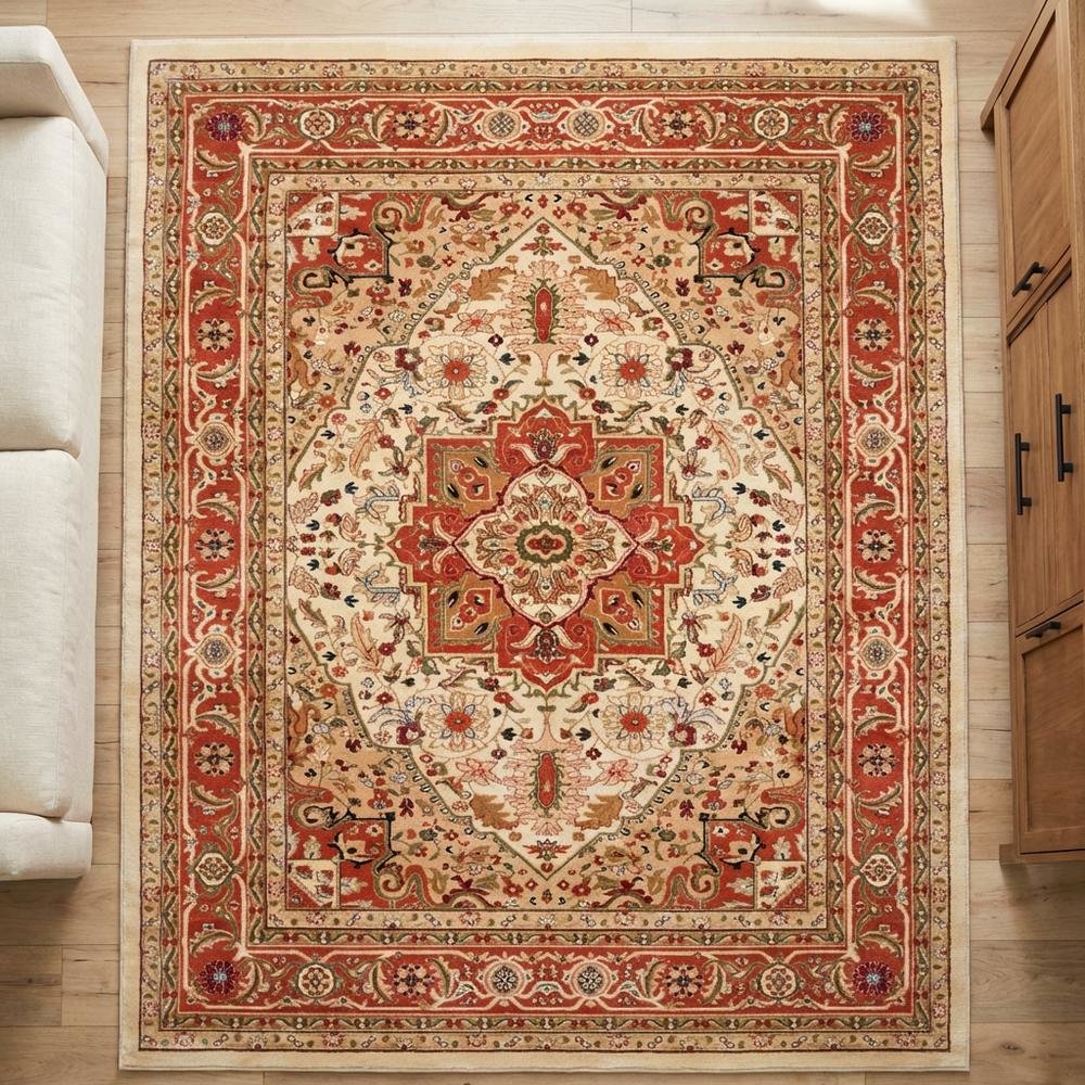 Ivory and Rust Area Rug with Power Loomed Polypropylene Pile and Jute Backing