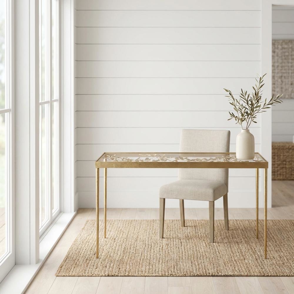 Modern Glass Top Office Desk With Metal Frame And Antique Gold Finish