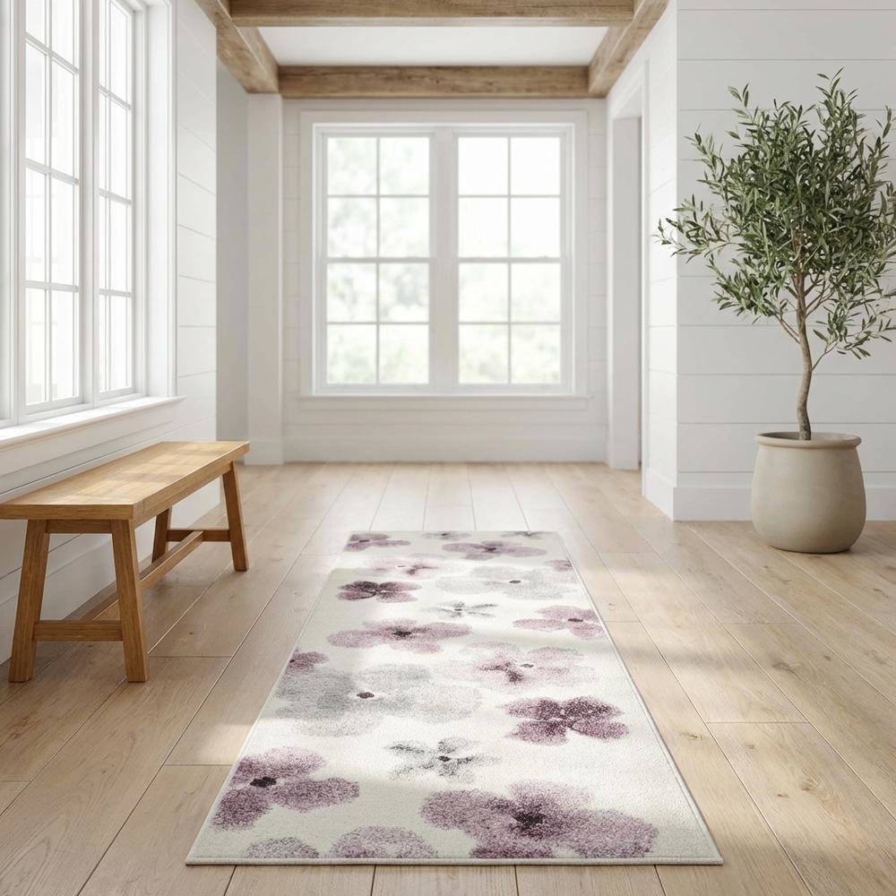 Ivory and Purple Area Rug with Power Loomed Polypropylene Pile Runner Style