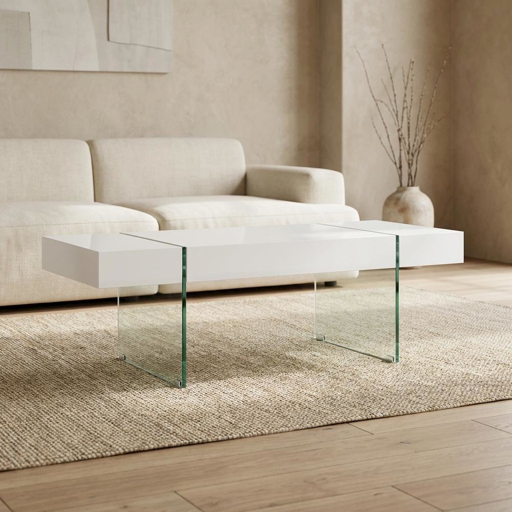 Modern white glass top coffee table with clear glass legs and sturdy MDF frame
