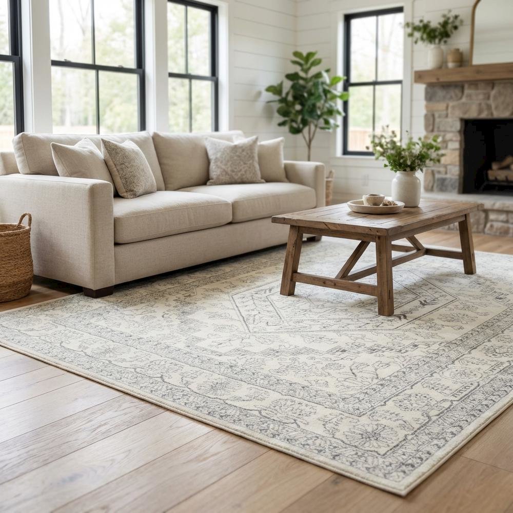 Ivory and Silver Area Rug with Power Loomed Polypropylene Pile, Large Rectangle