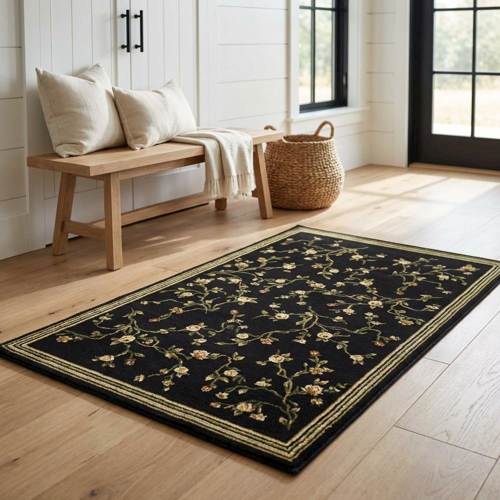Black and Green Area Rug with Power Loomed Construction and Jute Backing