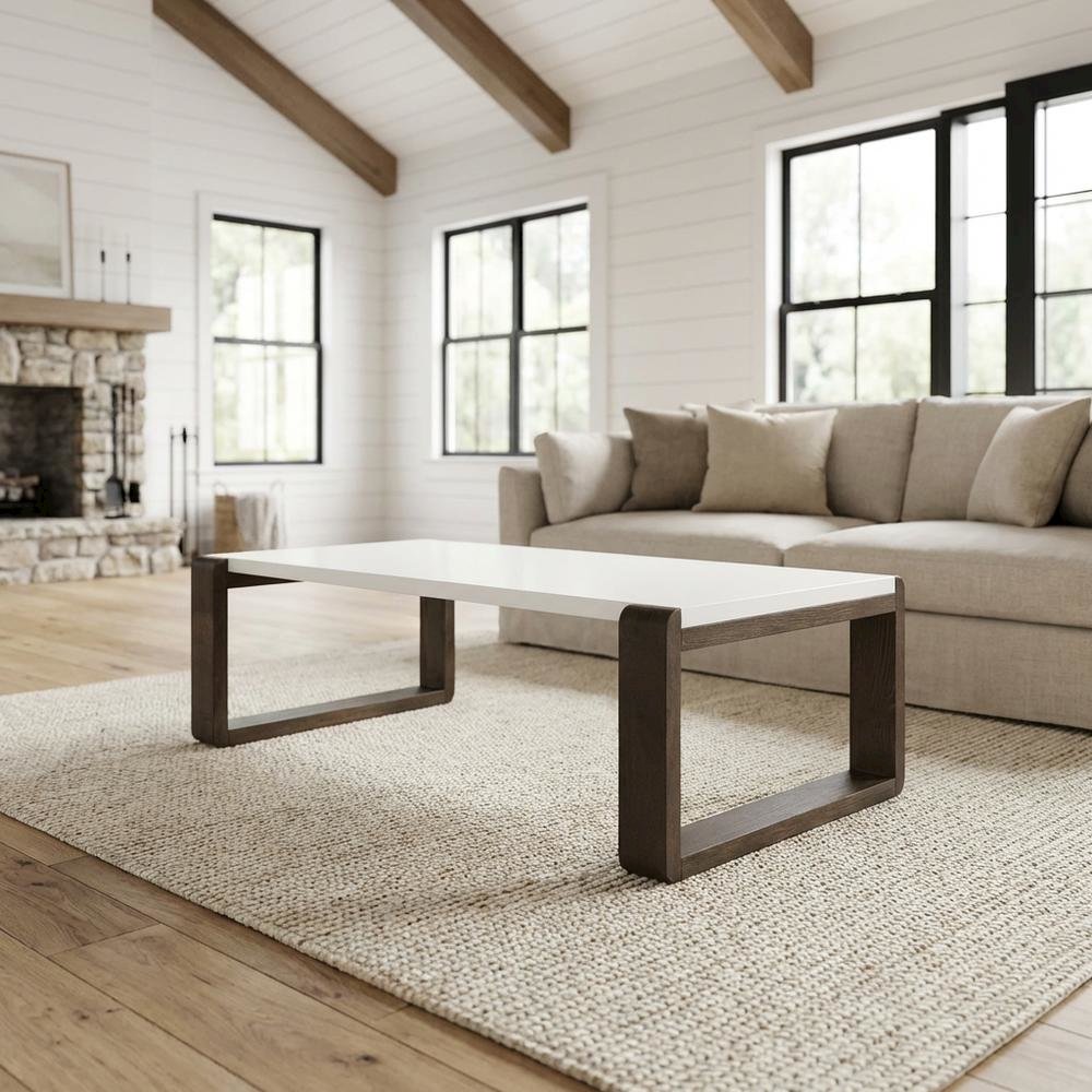 Mid-Century Modern White and Dark Brown Coffee Table with Wood Frame
