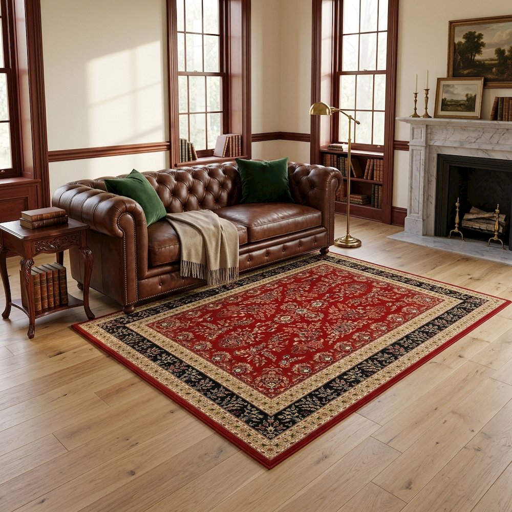 Red/Black Area Rug with Power Loomed Polypropylene Pile and Jute Backing
