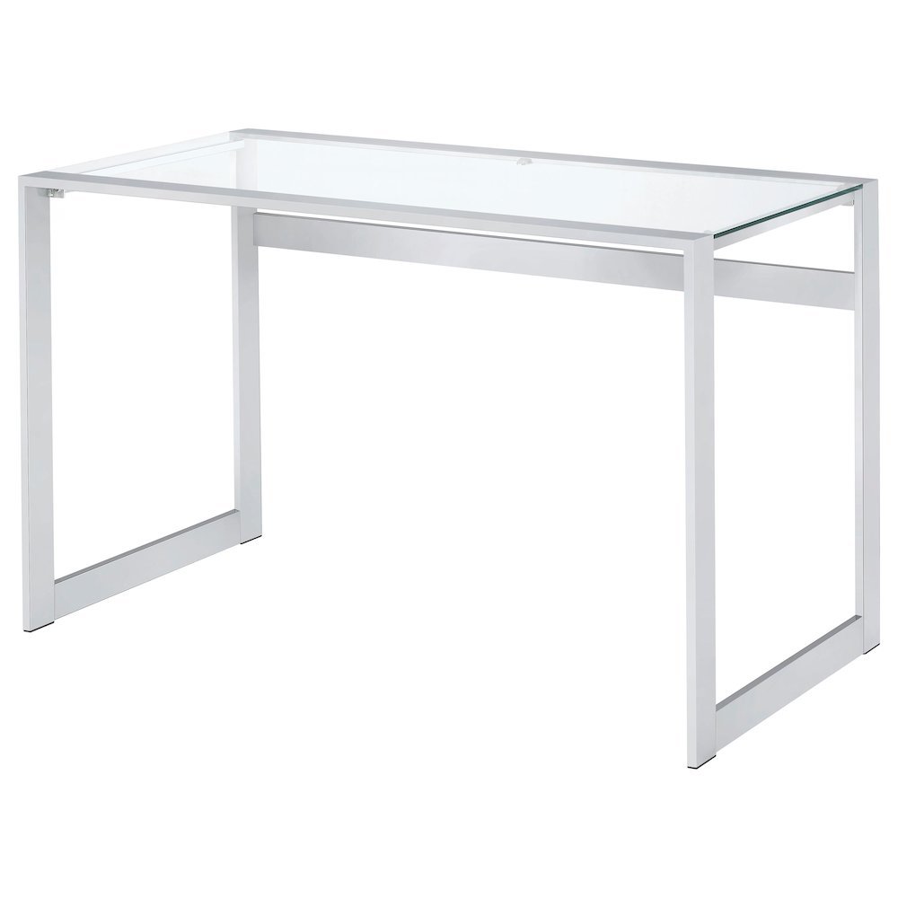 Modern Glass Top Desk with Chrome Metal Legs, Sleek Clear Glass Surface