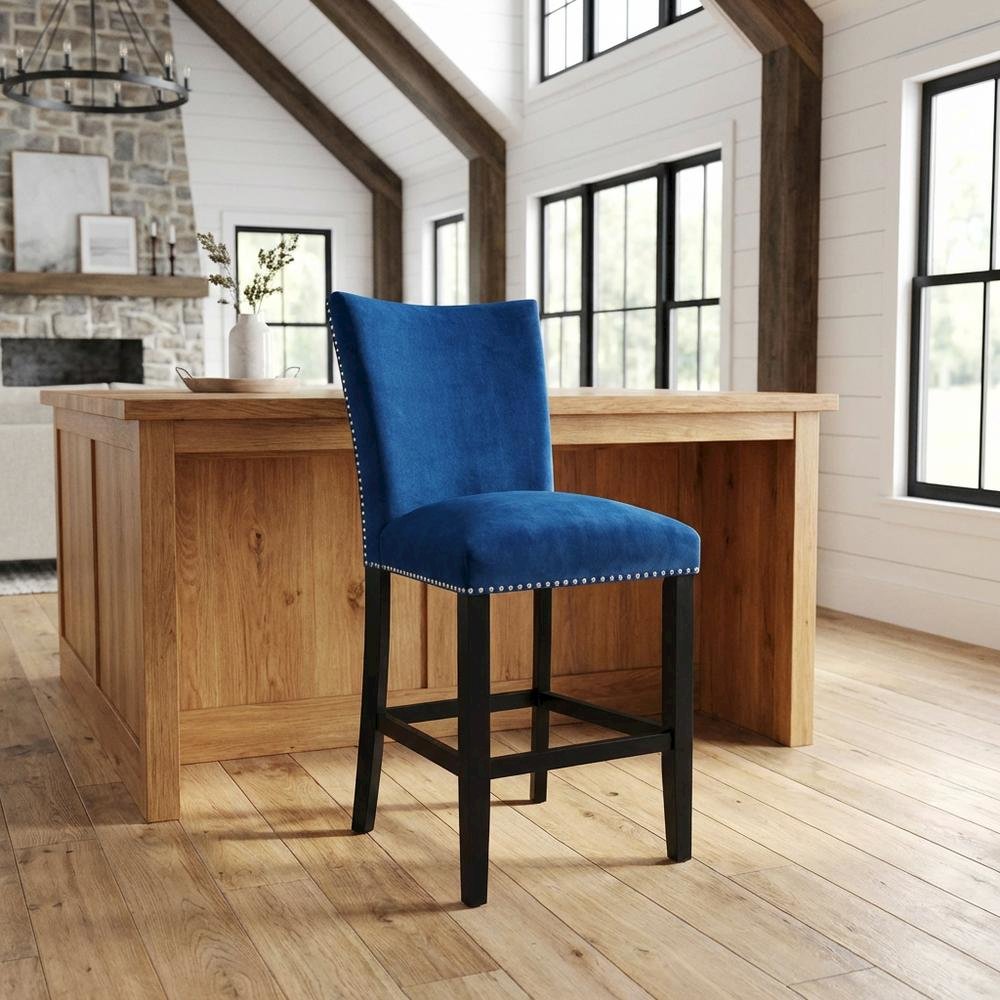 Velvet Upholstered Counter Stool, Glam Accent Chair for Kitchen Dining,Blue