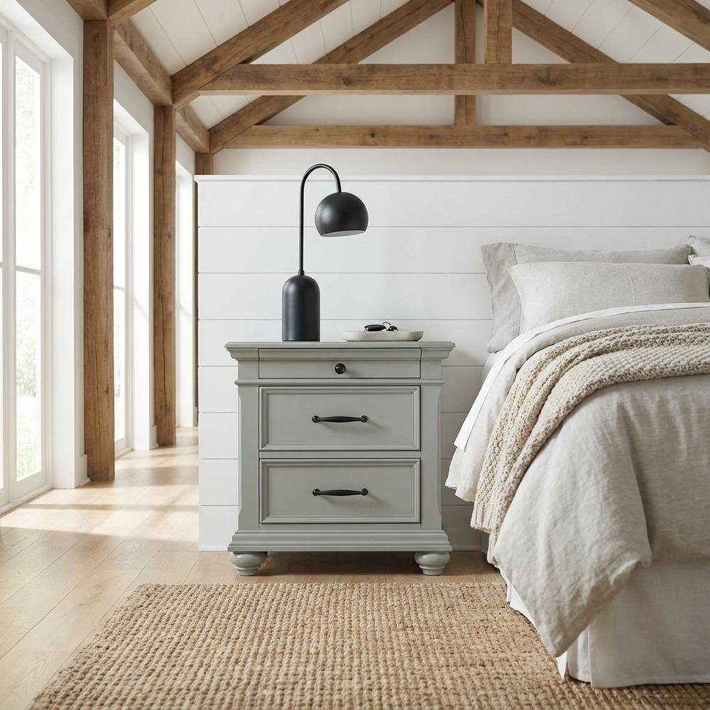 Grey Nightstand with 3 Drawers, Usb Ports, and Traditional Style