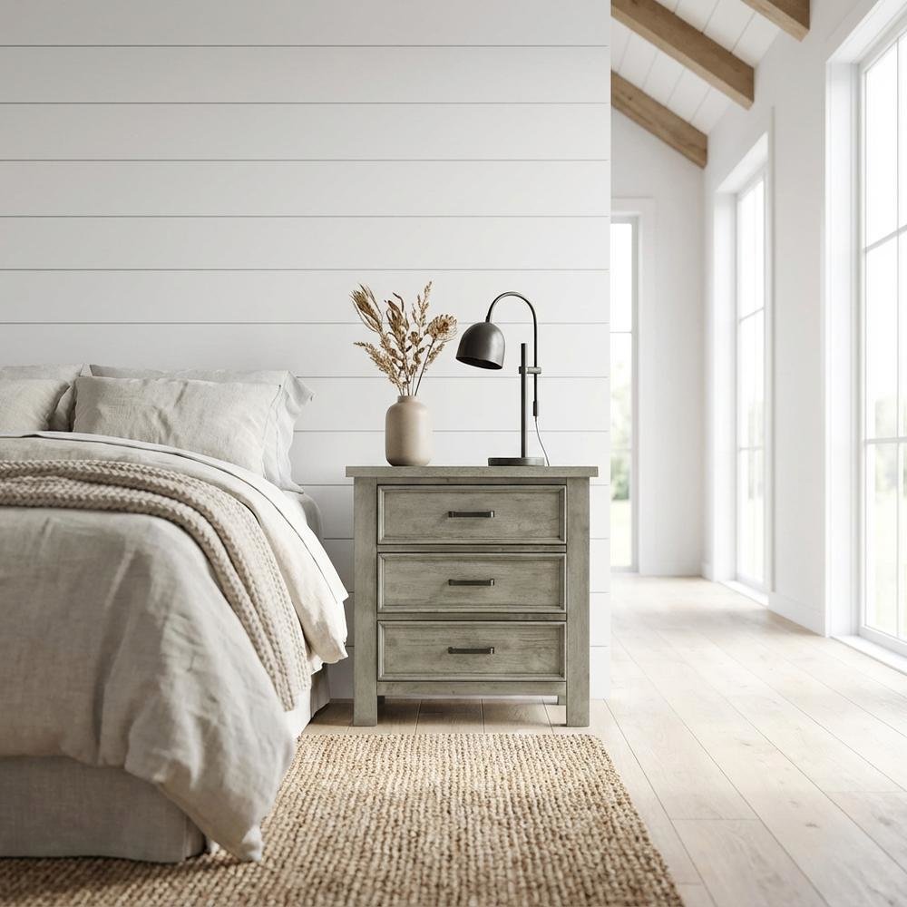 Drift Grey Nightstand with 3 Drawers and Transitional Style