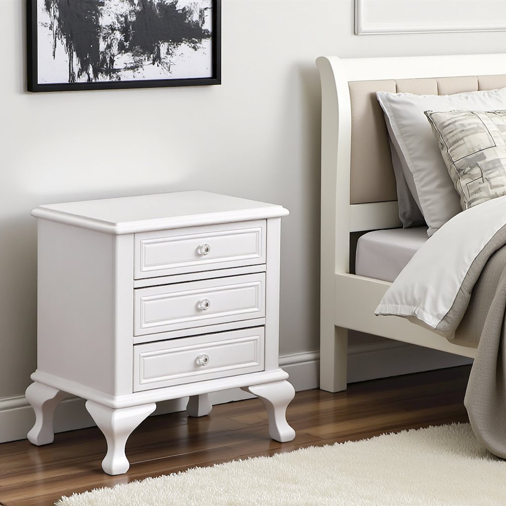White Vintage 3-Drawer Nightstand with Acrylic Knobs