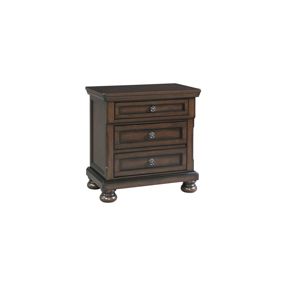 Wooden Nightstand with USB, Cherry Veneer, and Dark Metal Finish Knobs