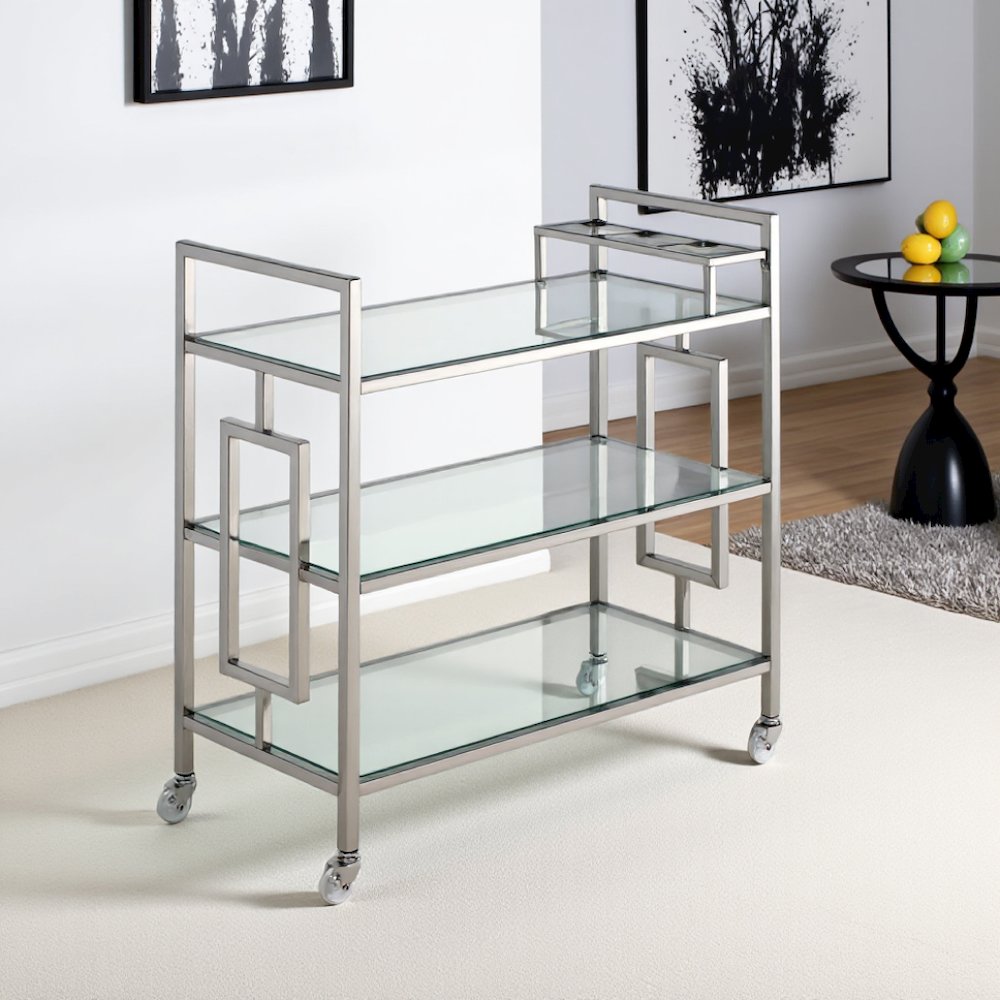 Chrome Glass Bar Cart with Wheels for Serving Drinks and Entertaining