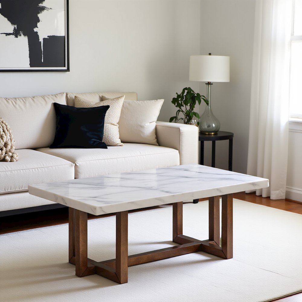 White Marble Rectangular Coffee Table, Rubberwood Base
