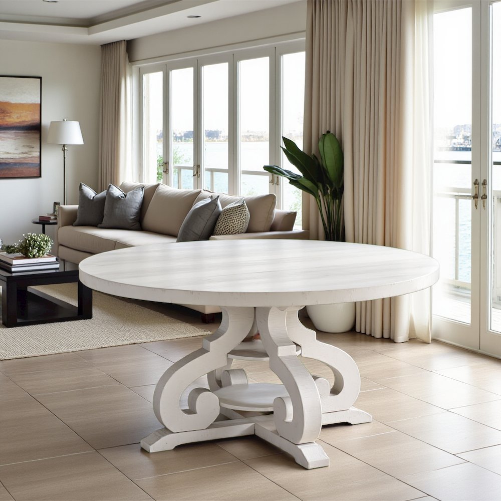 White Round Dining Table with Acacia Veneer Finish