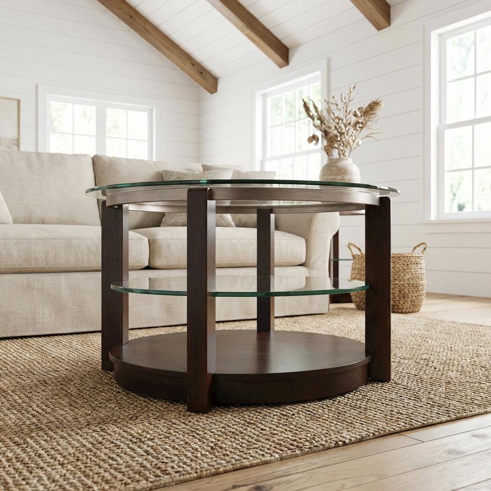 Espresso Coffee Table with Glam Finish and Durable Base for Living Room