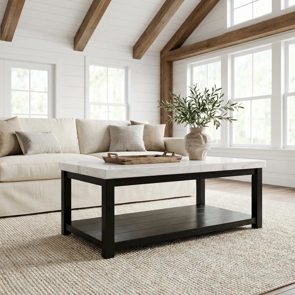 Rectangular White Coffee Table with Casters and Durable Shelf for Storage