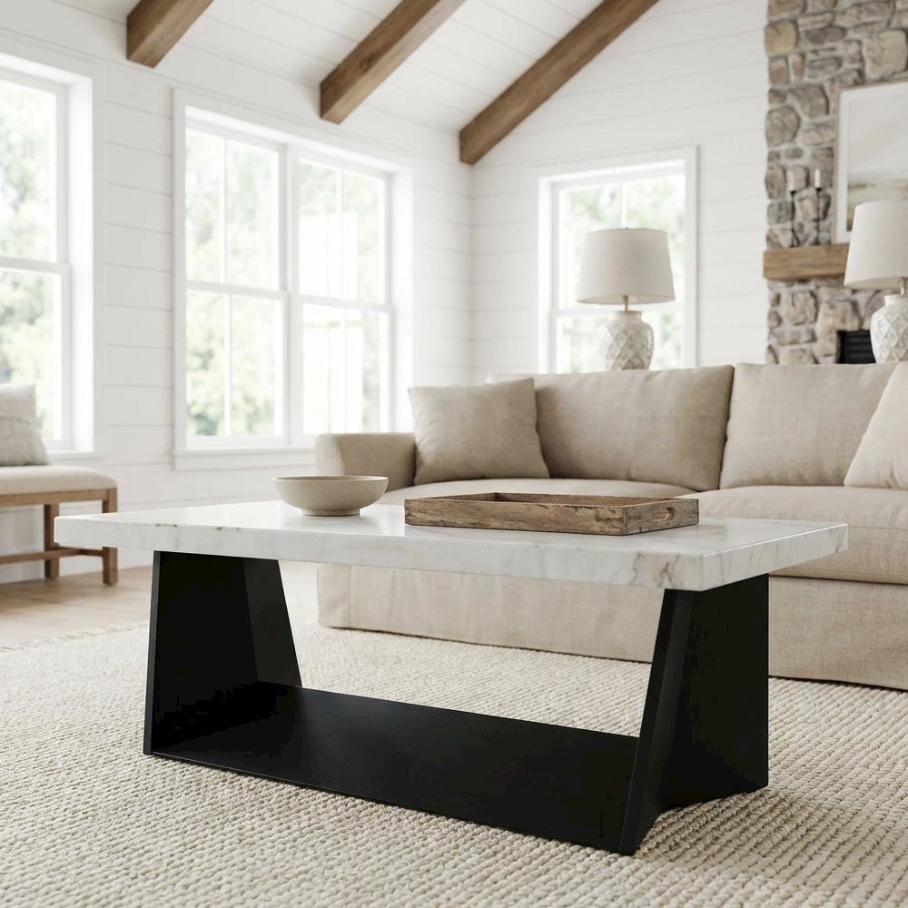 White Marble Coffee Table with Glam Finish and Sturdy Construction