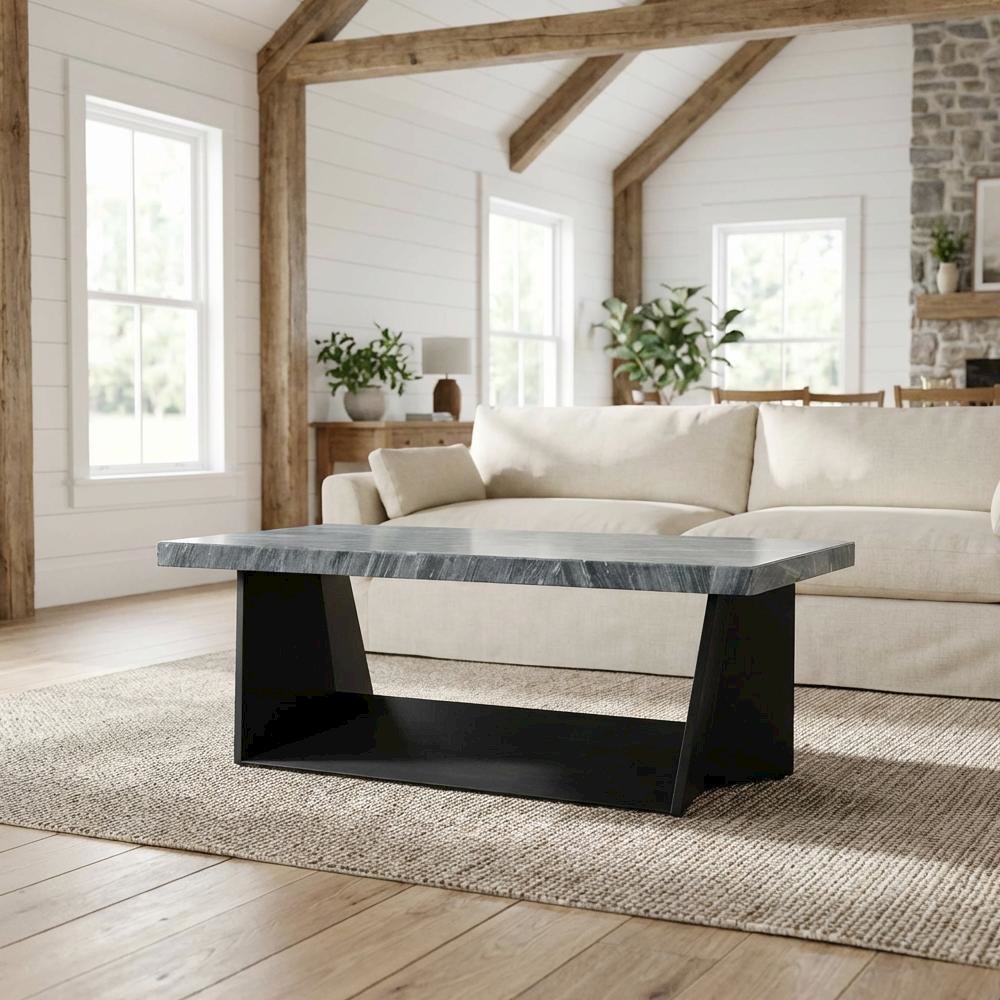 Coffee Table Marble Top Dark Finish with Glam Design and Sturdy Base