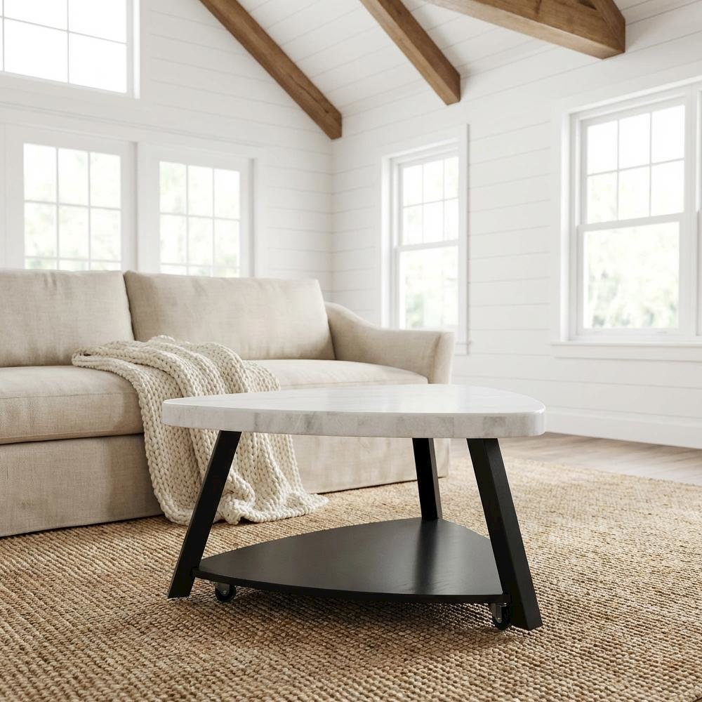 White Modern Coffee Table with Shelf and 2-Inch Thick Top, Single Piece