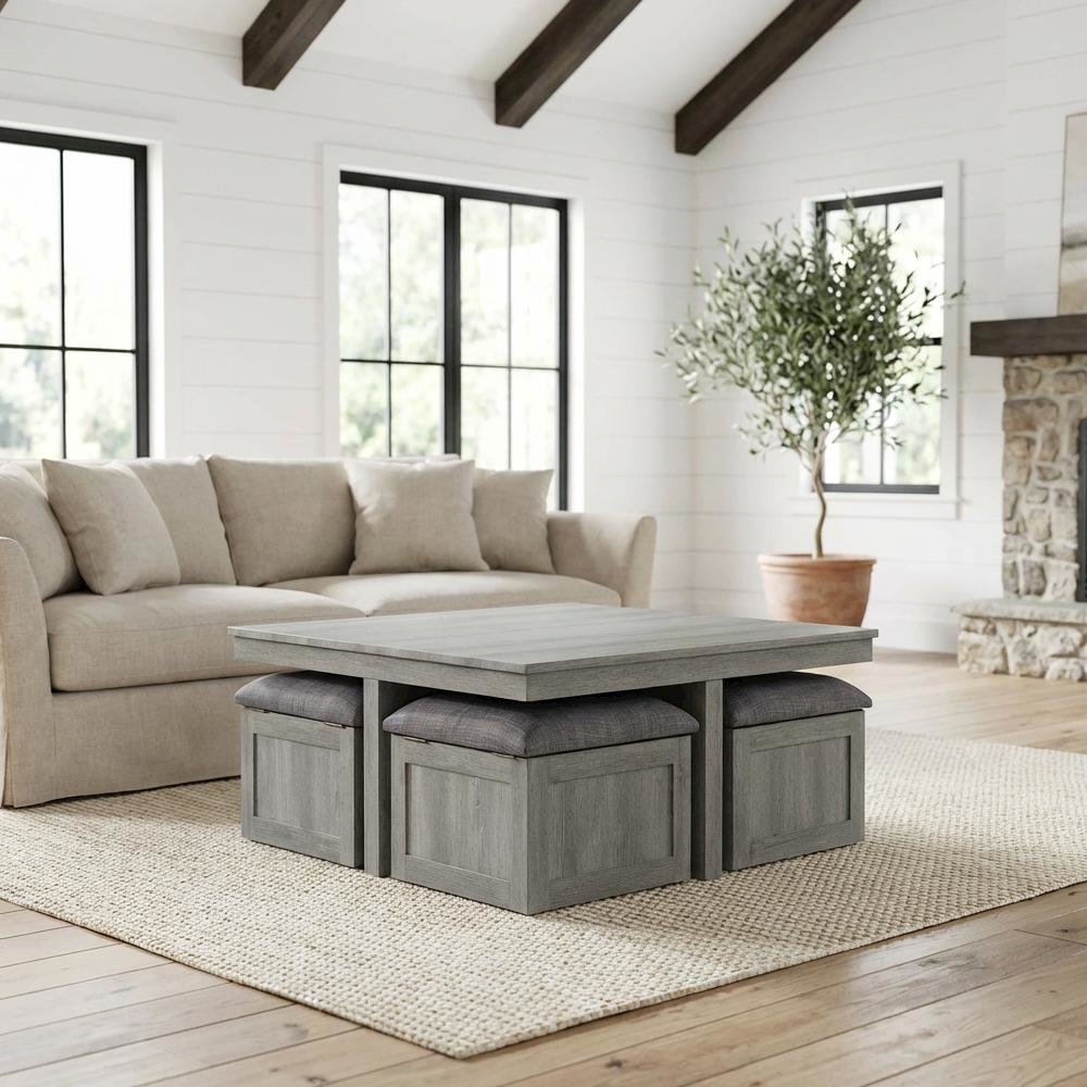 Light Grey Coffee Table with Four Storage Stools and Polyurethane Foam Seating