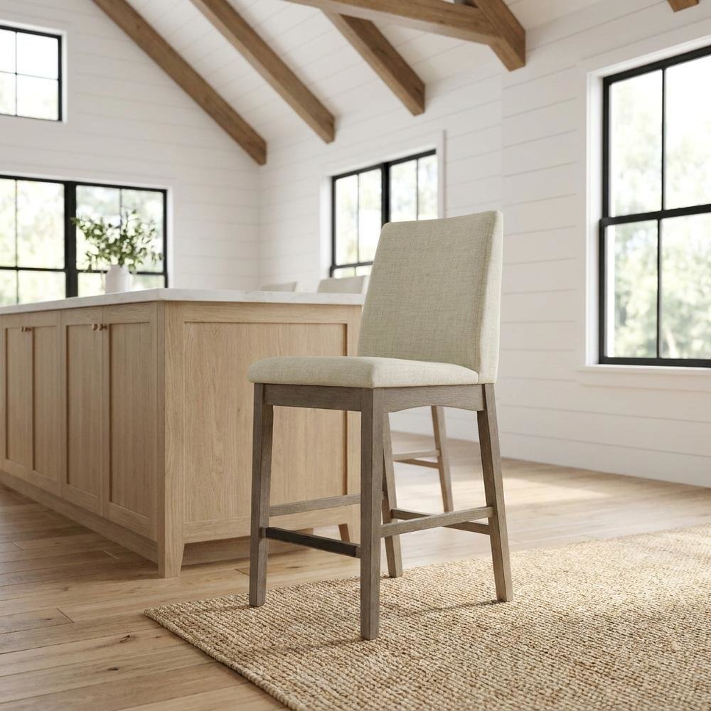 Polyester-Upholstered Counter Stool with Back, Transitional Bar Stools, Grey
