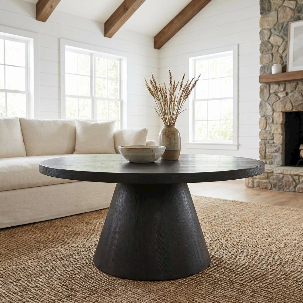 Round Coffee Table Black Scandinavian Style with Durable Finish and Sturdy Build