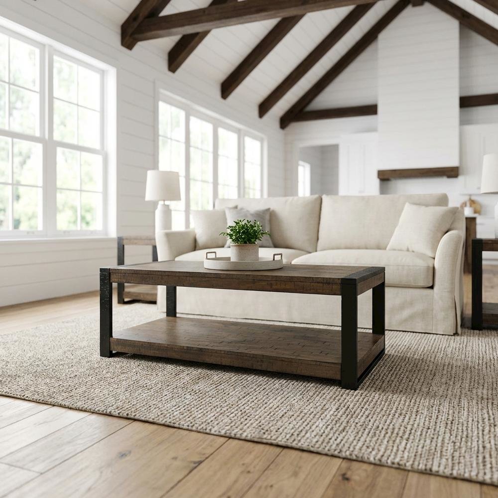 Walnut Rectangular Coffee Table with Black Finish and Transitional Style