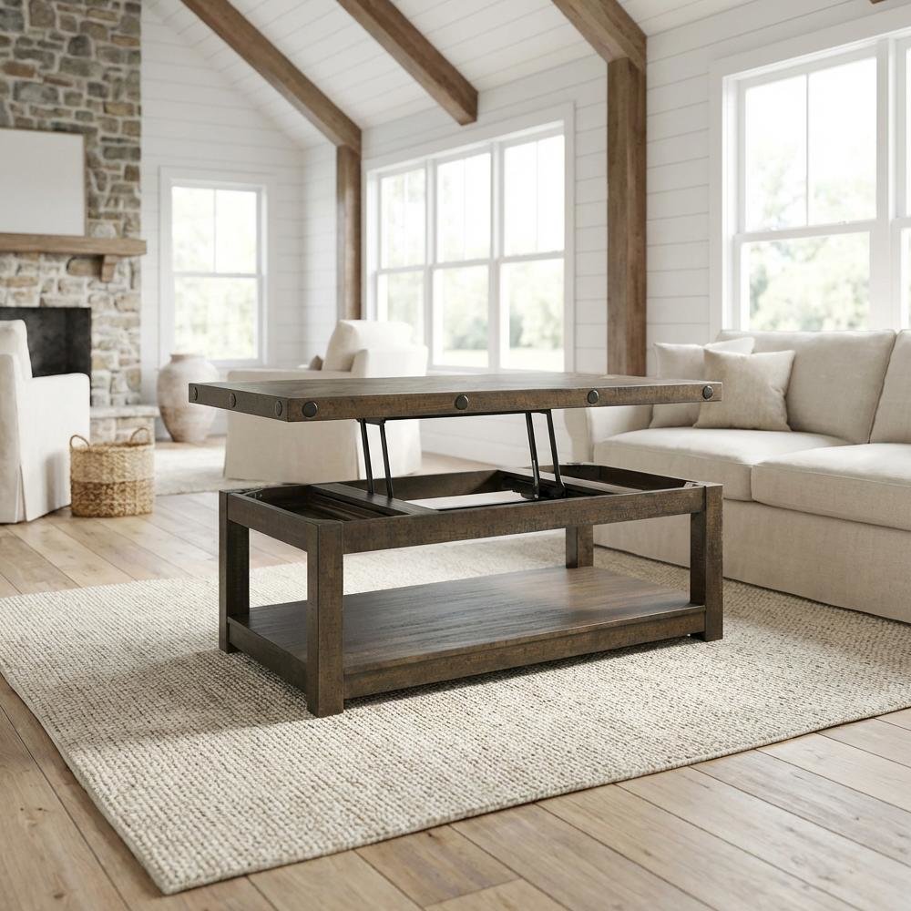 Charcoal Lift Top Coffee Table with Storage Shelf and Farmhouse Design