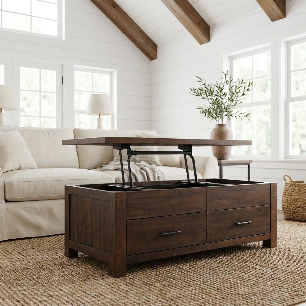 Cherry Lift Top Coffee Table with Storage Drawer and Transitional Design