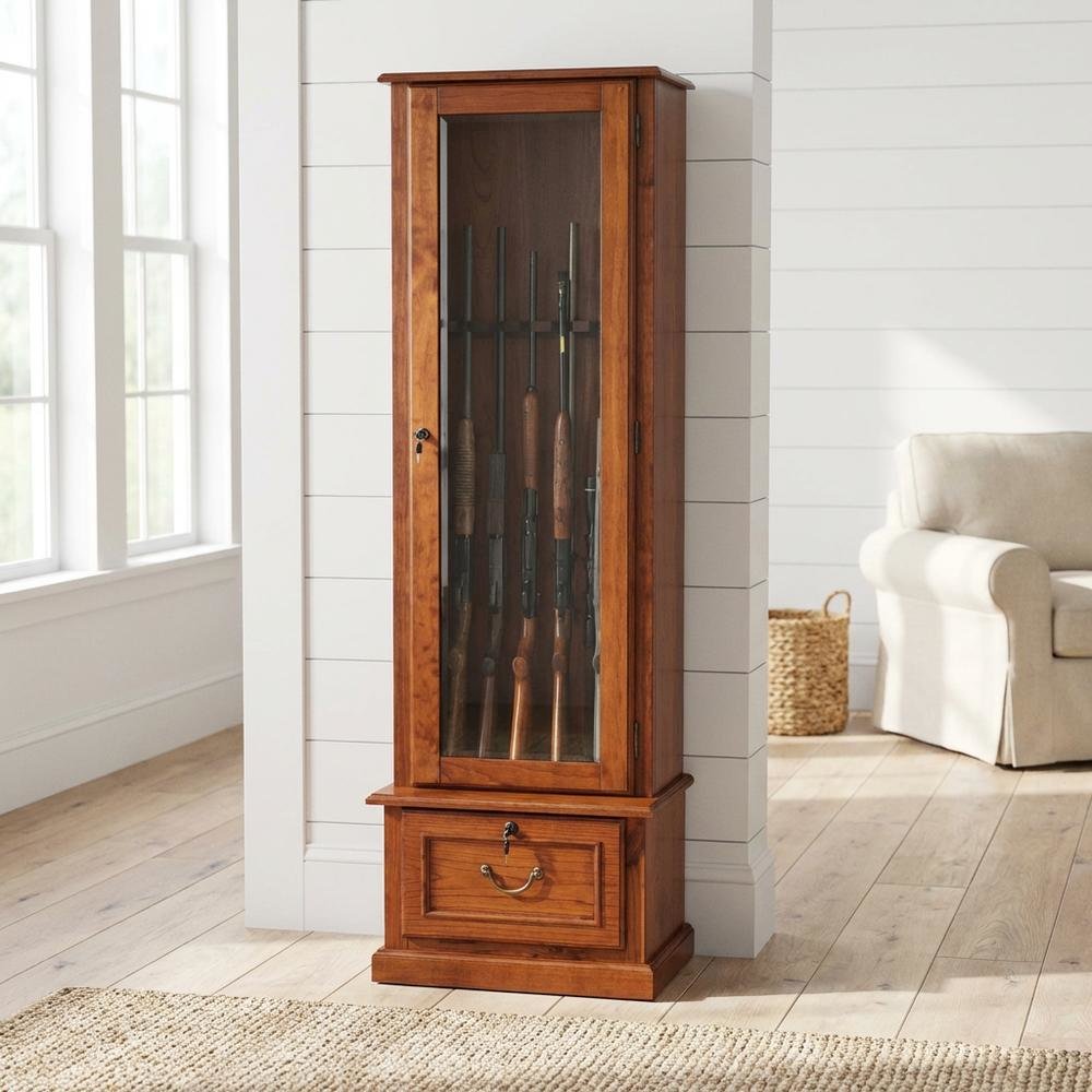 Wood Gun Cabinet with Lockable Tempered Glass Door and Drop-Down Storage