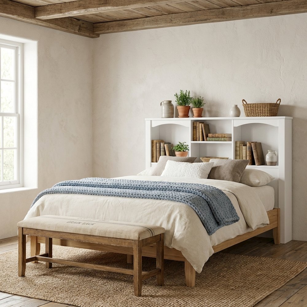 White Twin Bookcase Headboard with Storage Shelves for Bedroom Organization