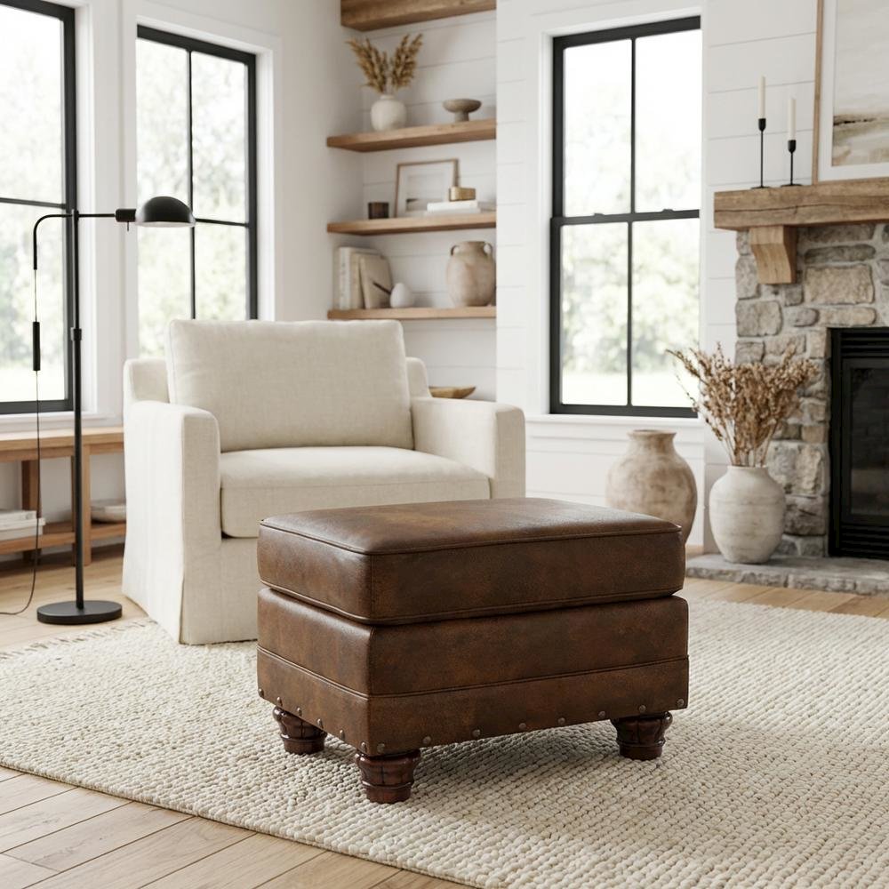Brown Ottoman with Wooden Frame and Upholstered Top for Stylish Comfort