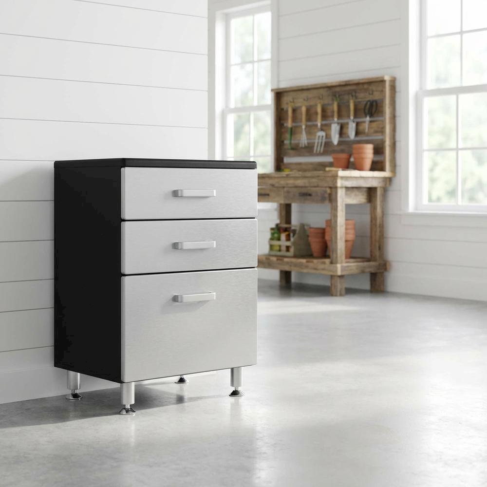 Metal storage cabinet with three drawers for garage organization