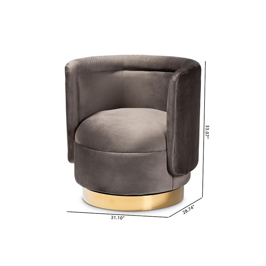 Glam Grey Velvet Accent Chair with Swivel Function and Gold Finish