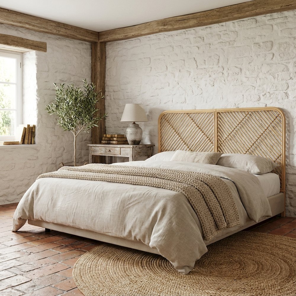 Brown Rattan Queen Size Wall-Mount Headboard, Bohemian Design, Durable Frame
