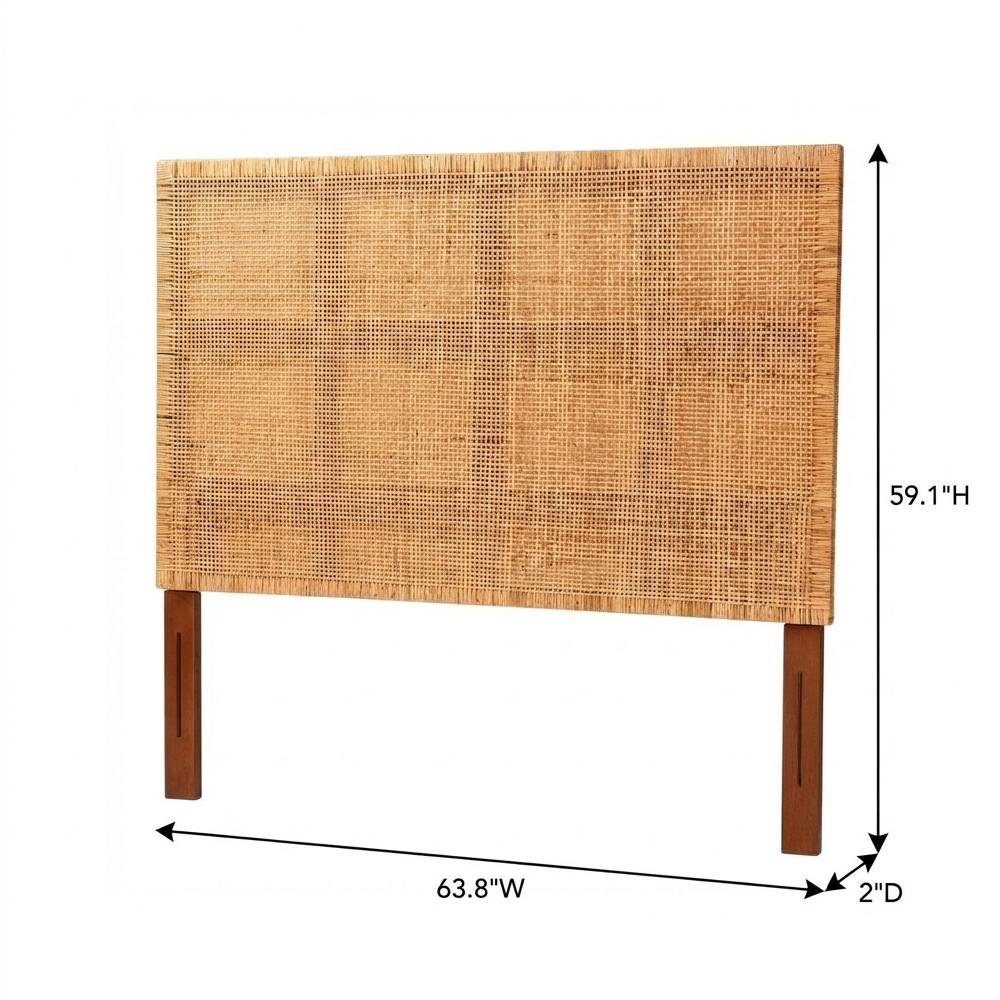 Red Teak Queen Headboard, Rattan Panels, Mahogany Wood Legs for Bohemian Decor