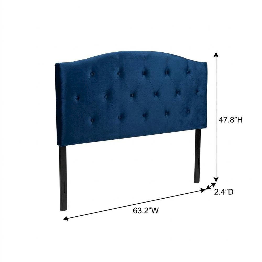 Navy Blue Velvet Upholstered Queen Headboard, Button Tufting, Foam Padding