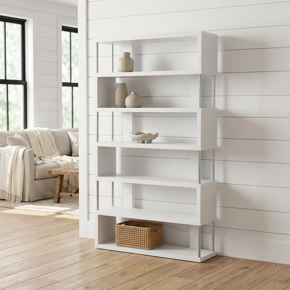 White Modern 6-Shelf Bookcase, Engineered Wood Construction, Transitional Style