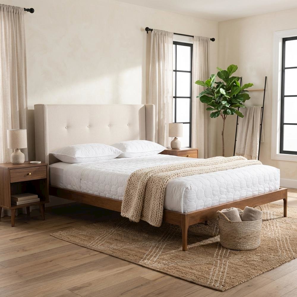 King Size Bed with Walnut Finish and Beige Fabric Upholstery, Mid-Century Style