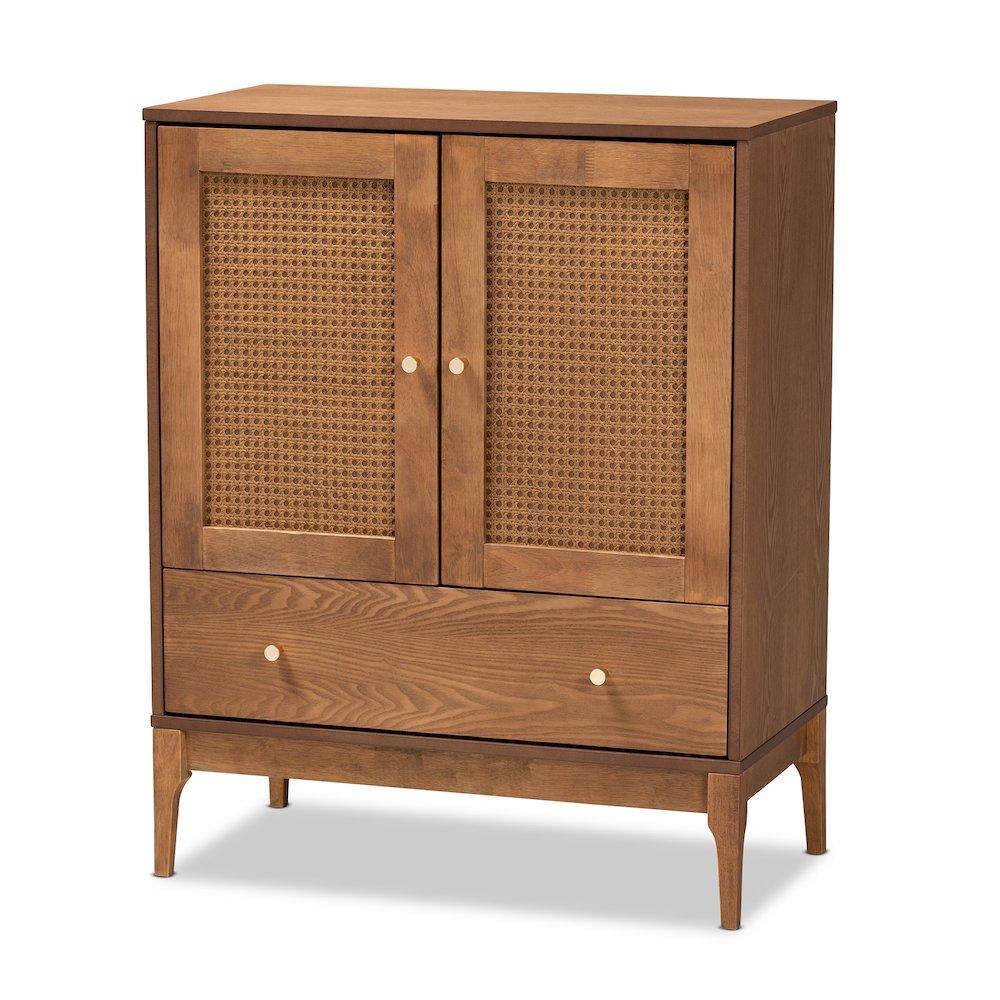 Ramiel Mid-Century Modern Ash Walnut Finished Wood and Rattan 1-Drawer Sideboard