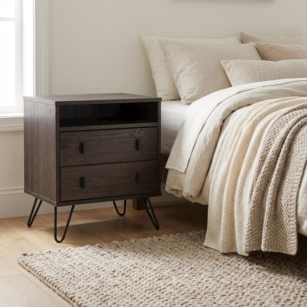 Dark Brown Finish Wood and Metal Nightstand with Drawer Storage for Bedroom
