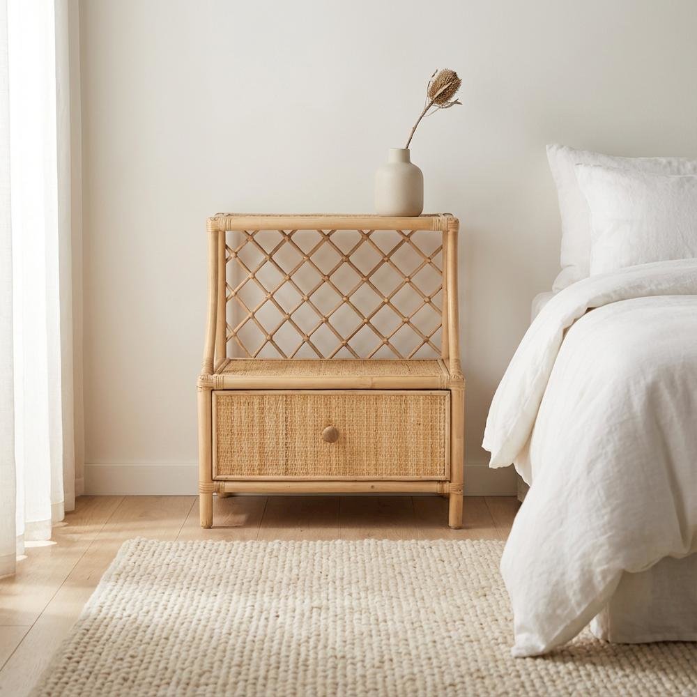 Brown Rattan Nightstand with 1 Drawer and Bohemian Style