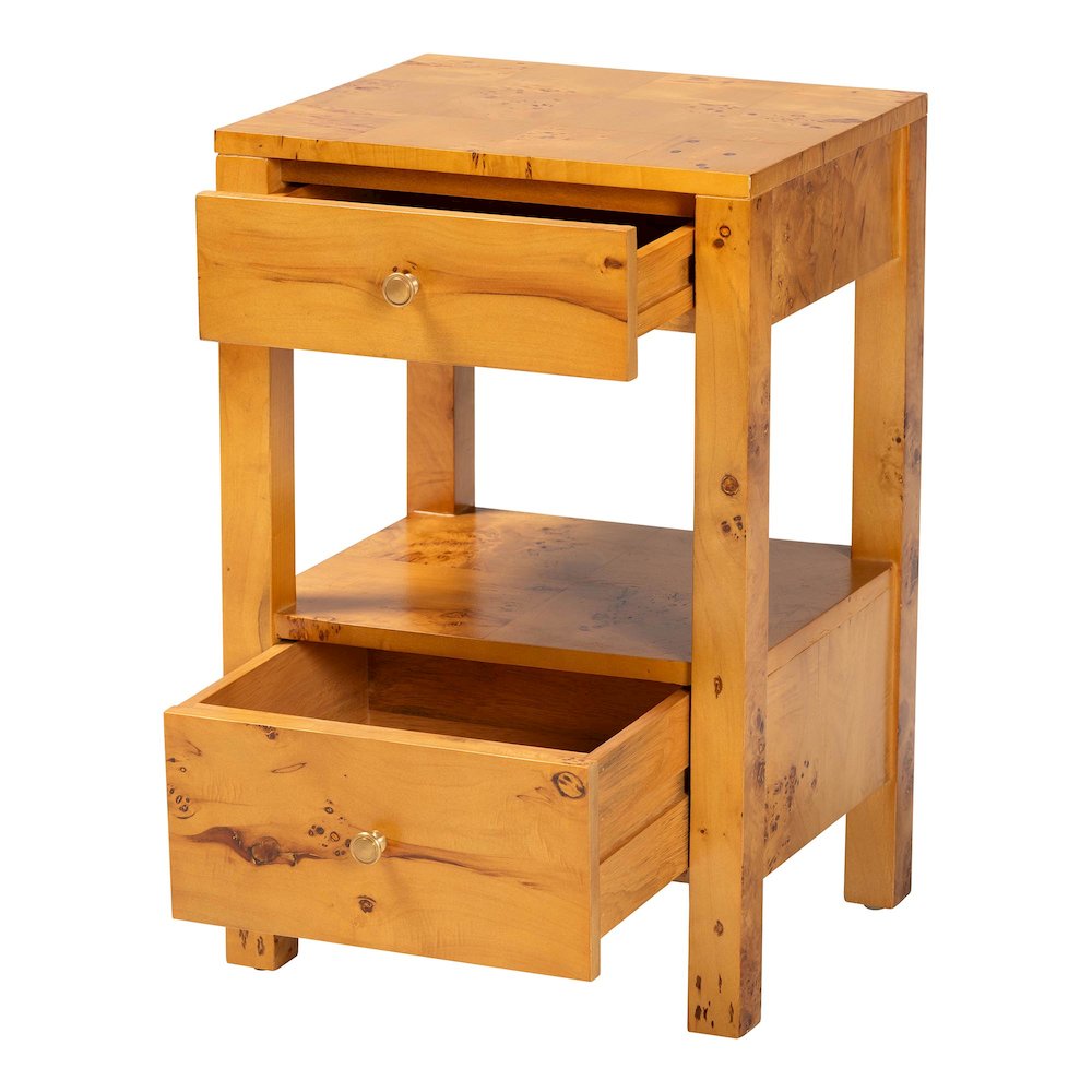 Modern and Contemporary Natural Light Mappa Real Burl Wood 2-Drawer Nightstand