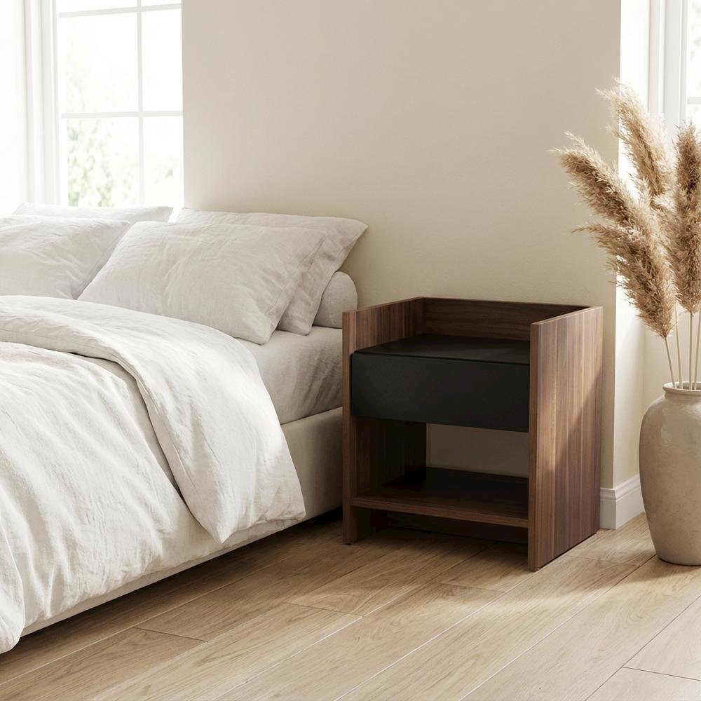 Contemporary Walnut and Black Nightstand with Wood Finish and Single Drawer