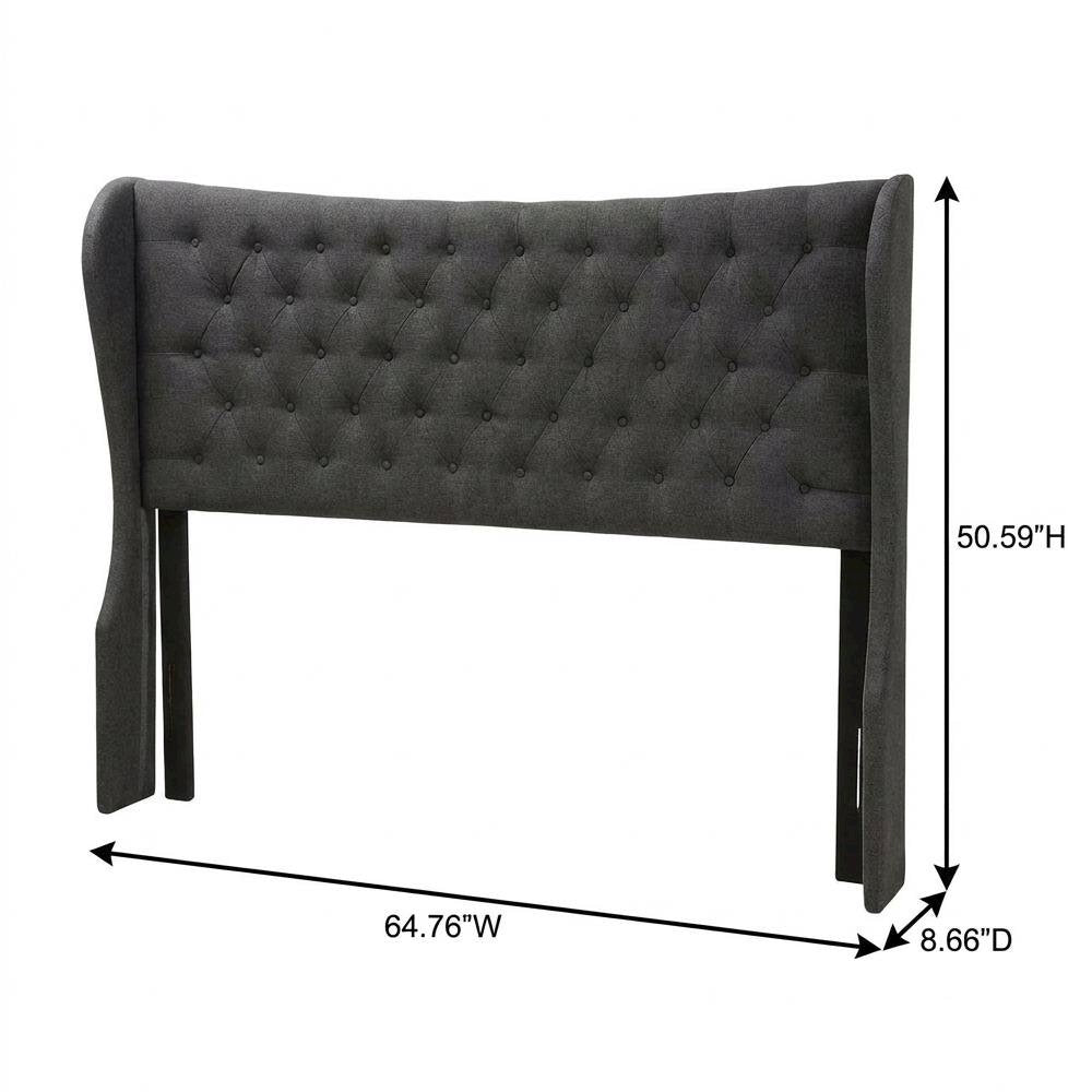Dark Grey Fabric Queen Wingback Headboard, Button-Tufted Design, Foam Padding