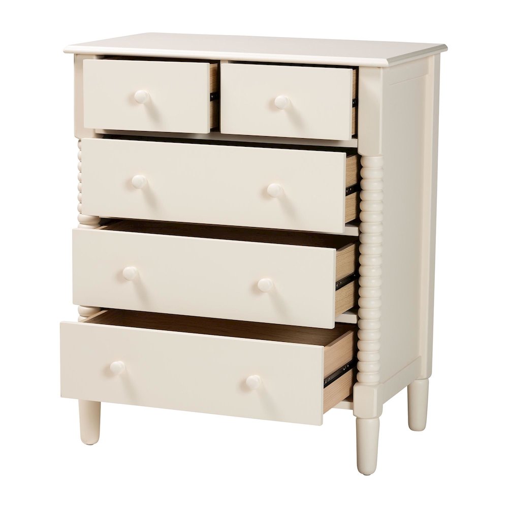 Braith Farmhouse Ivory Spindle Wood 5-Drawer Chest