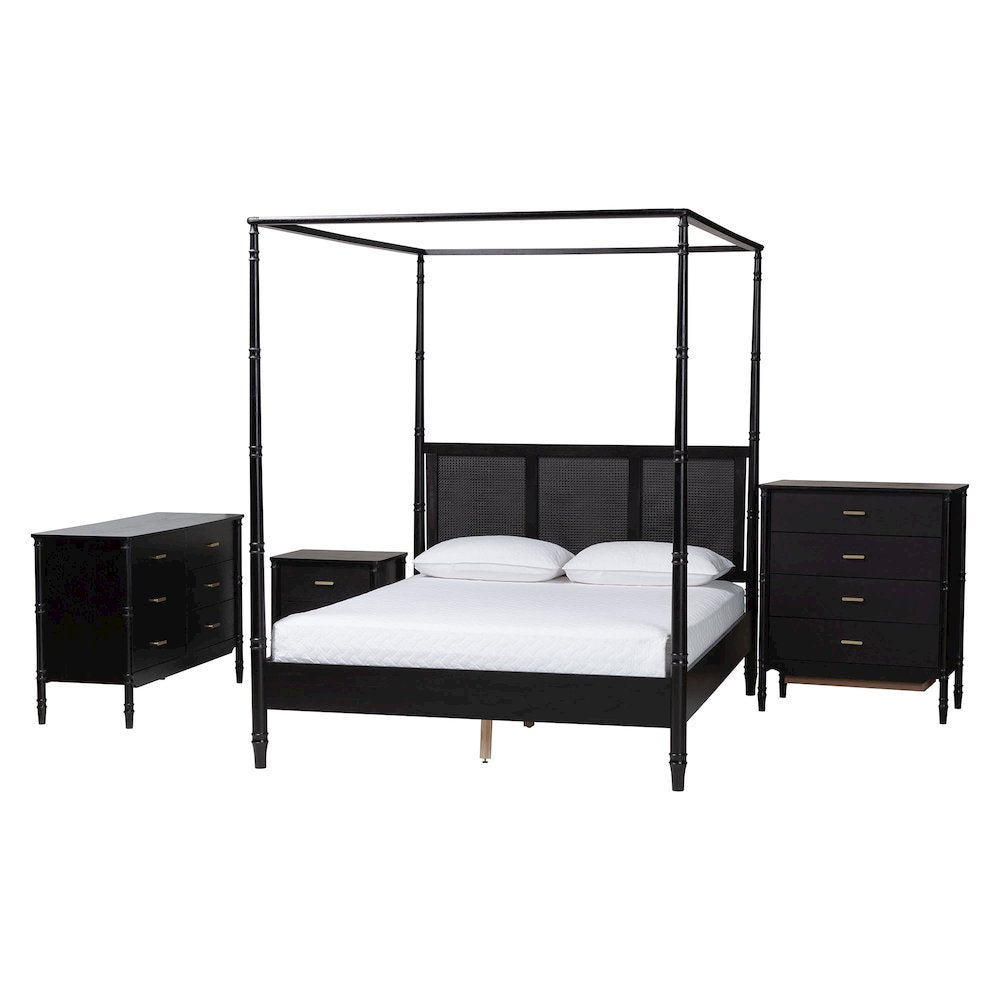 4-Piece Black Bedroom Set - Canopy Bed, Matching Dresser, Chest, and Nightstand